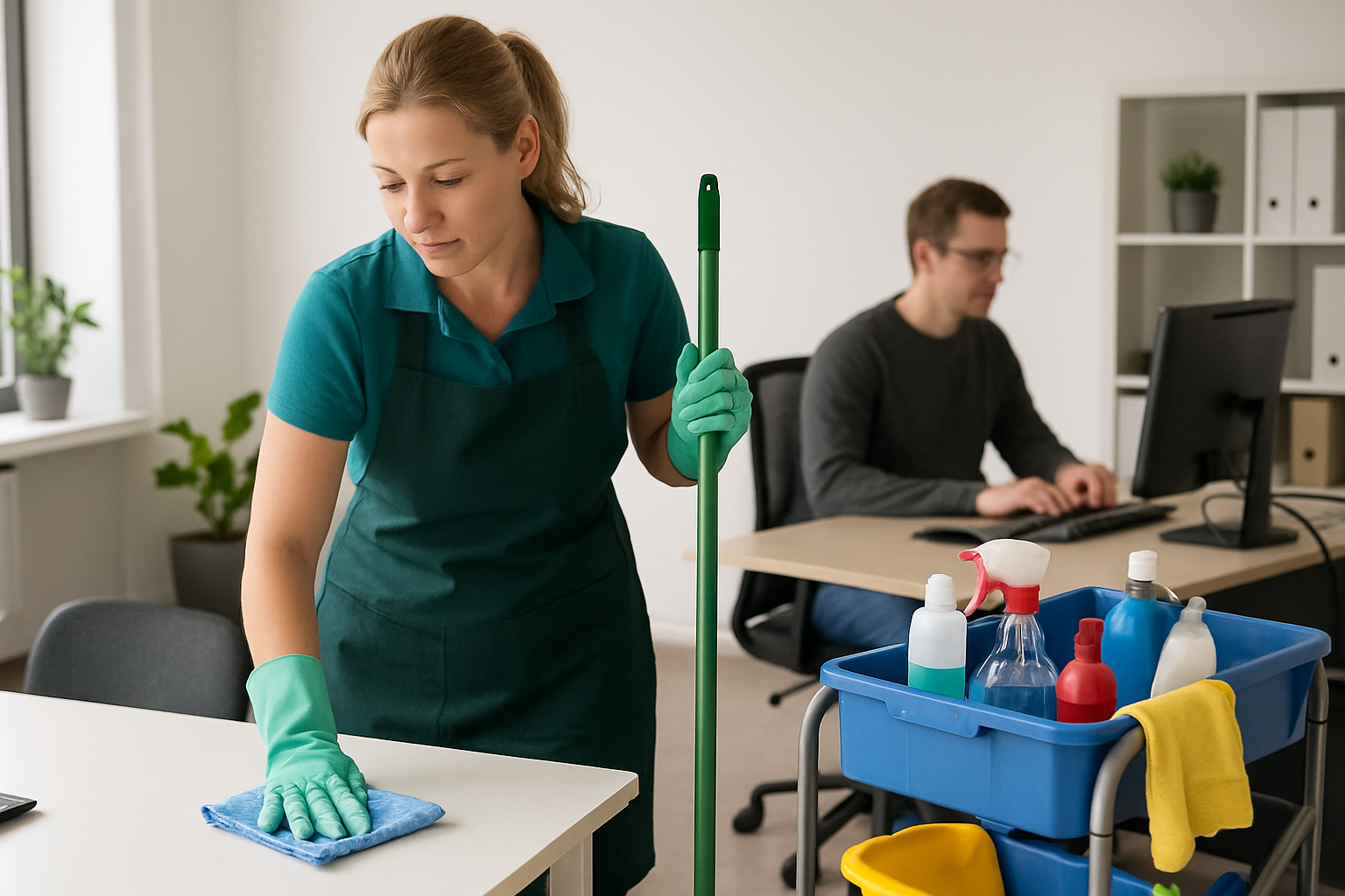 Cleaner with worker at desktop in background